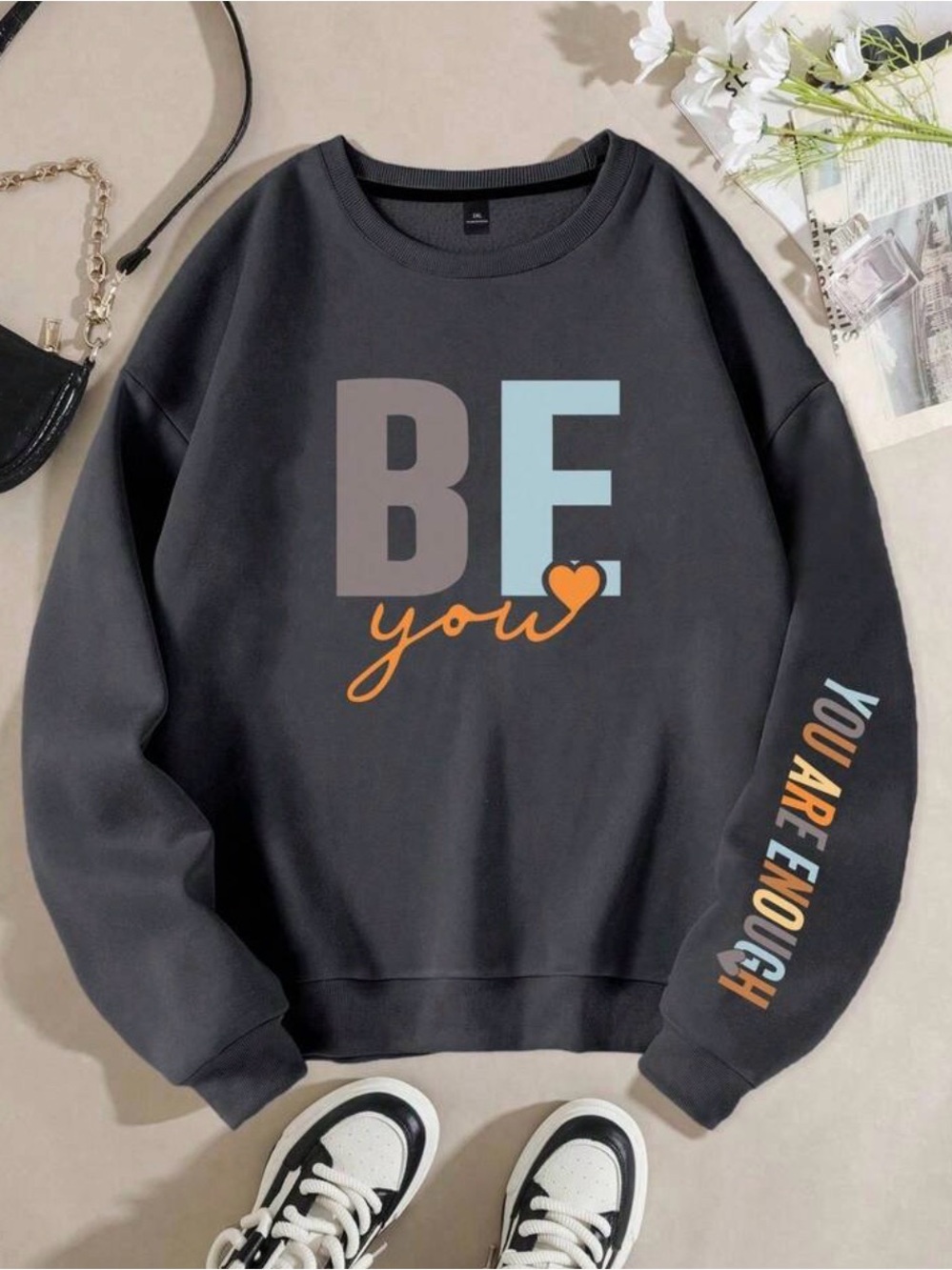Emery Rose "Be You / You Are Enough" Graphic Crewneck Sweatshirt Grey M - Picture 4 of 6